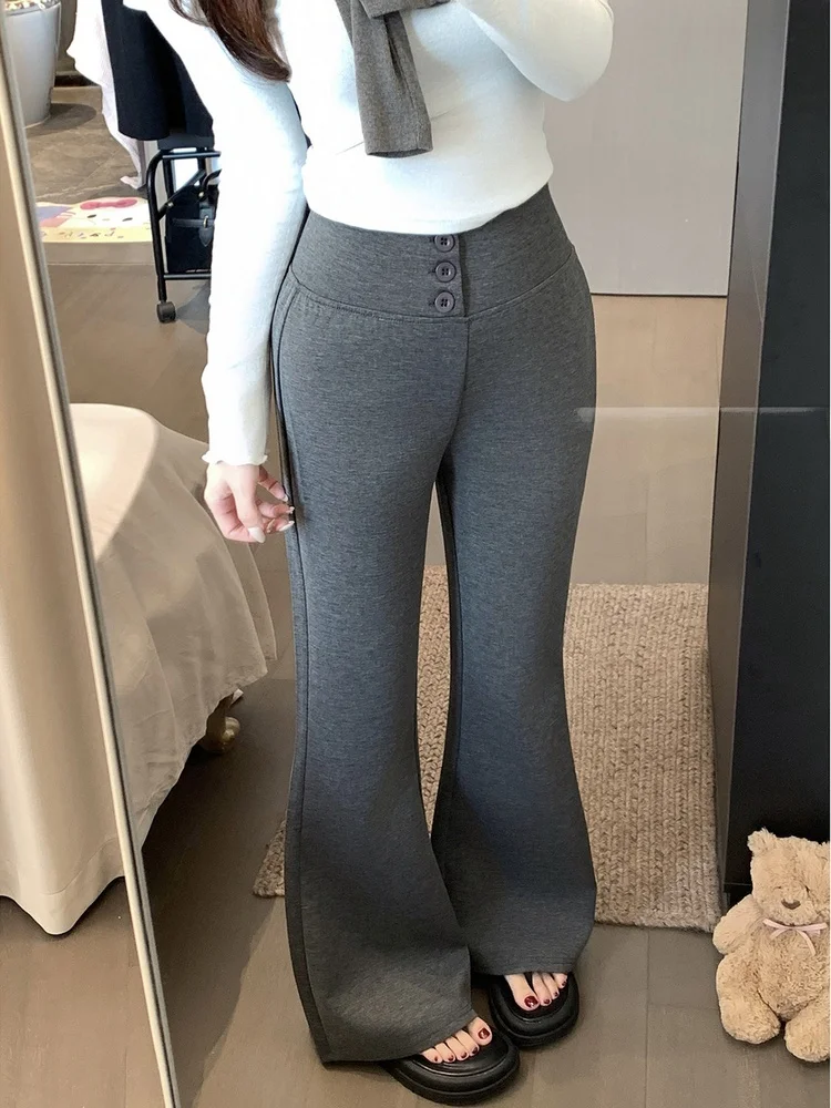 High Waist Button Casual Pants Women's Pure Color Slimming Long Flared Pants Spring Commute Style Korean Fashion Knitted