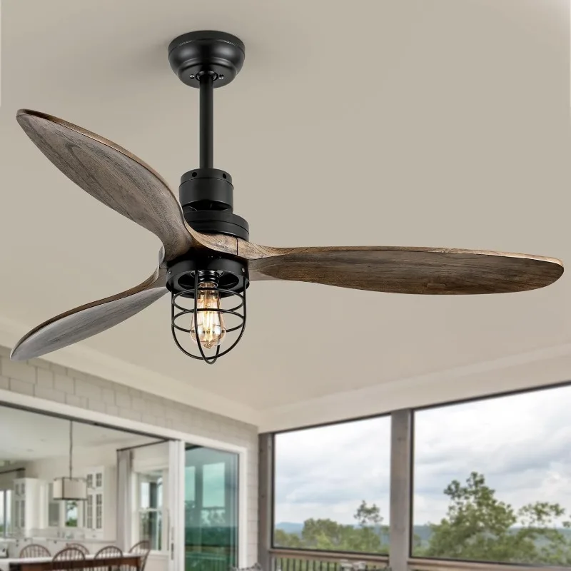 52 Inch Rustic Outdoor Ceiling Fan with Light and Wood Blades Include Bulbs Modern Black Farmhouse Industrial Ceiling Fan