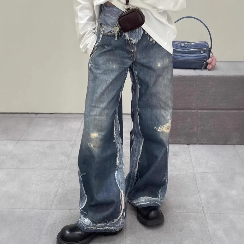 ANJY Spring Autumn New Women Niche 3D Digital Printed Washed Distressed Loose Straight Jeans Chic High Street Denim Pants A23720