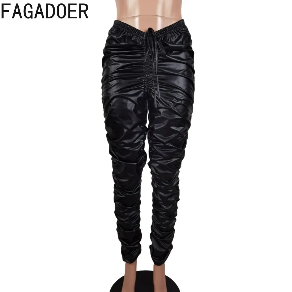 FAGADOER Black Punk Gothic Leather Pants Women Drawstring Ruched Stacked High Waist Pants Hot Girl Y2k Streetwear Bottoms New