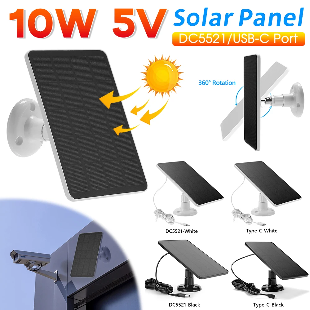 10W 5V Solar Panel 360 Adjustable Bracket Monocrystalline IP Security Camera Charger for Doorbell Camera Type-C/DC5521 Port