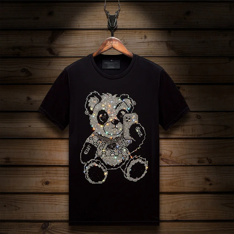 

2025 Bear Diamonds Cartoon Short Sleeve T Shirts Men Fashion Streetwear Mercerized Cotton O Neck Slim T-shirts Man Plus Size 6XL