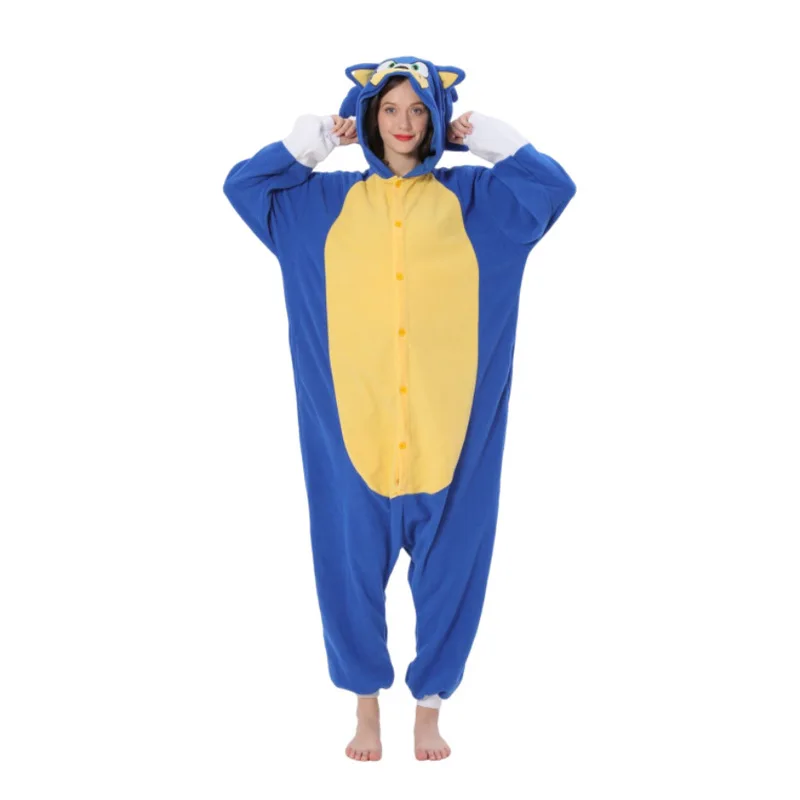 New Sonic Onesie Cartoon Jumpsuit Pajamas Fleece Long Sleeves For Couples Autumn And Winter Home Wear