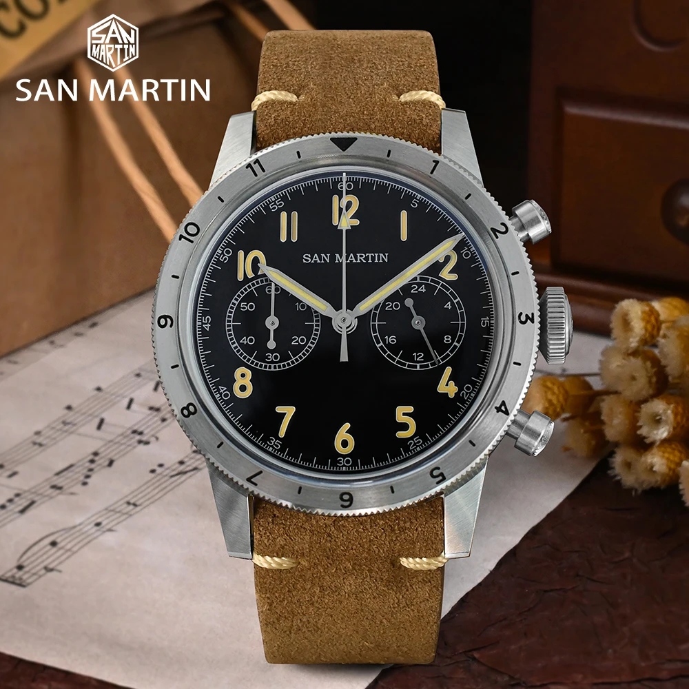 San Martin New 39.5 Pilot Watch Retro Military Style VK64 Chronograph Quartz Movement Bidirectional Bezel Wristwatch 10Bar Lum