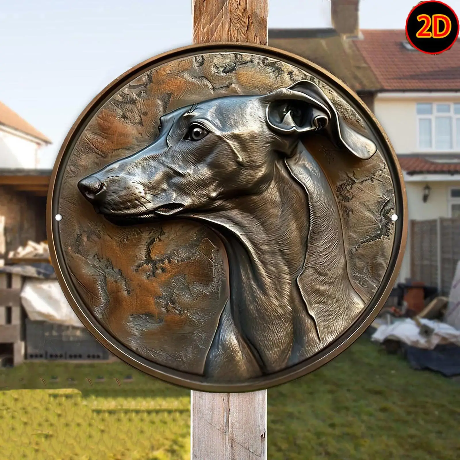 2D Flat - [2D Flat] Vintage Greyhound Metal Wall Art - 2D Flat Printed Aluminum Sign, 19.99cm Round, Rustic Finish for Bedroom,
