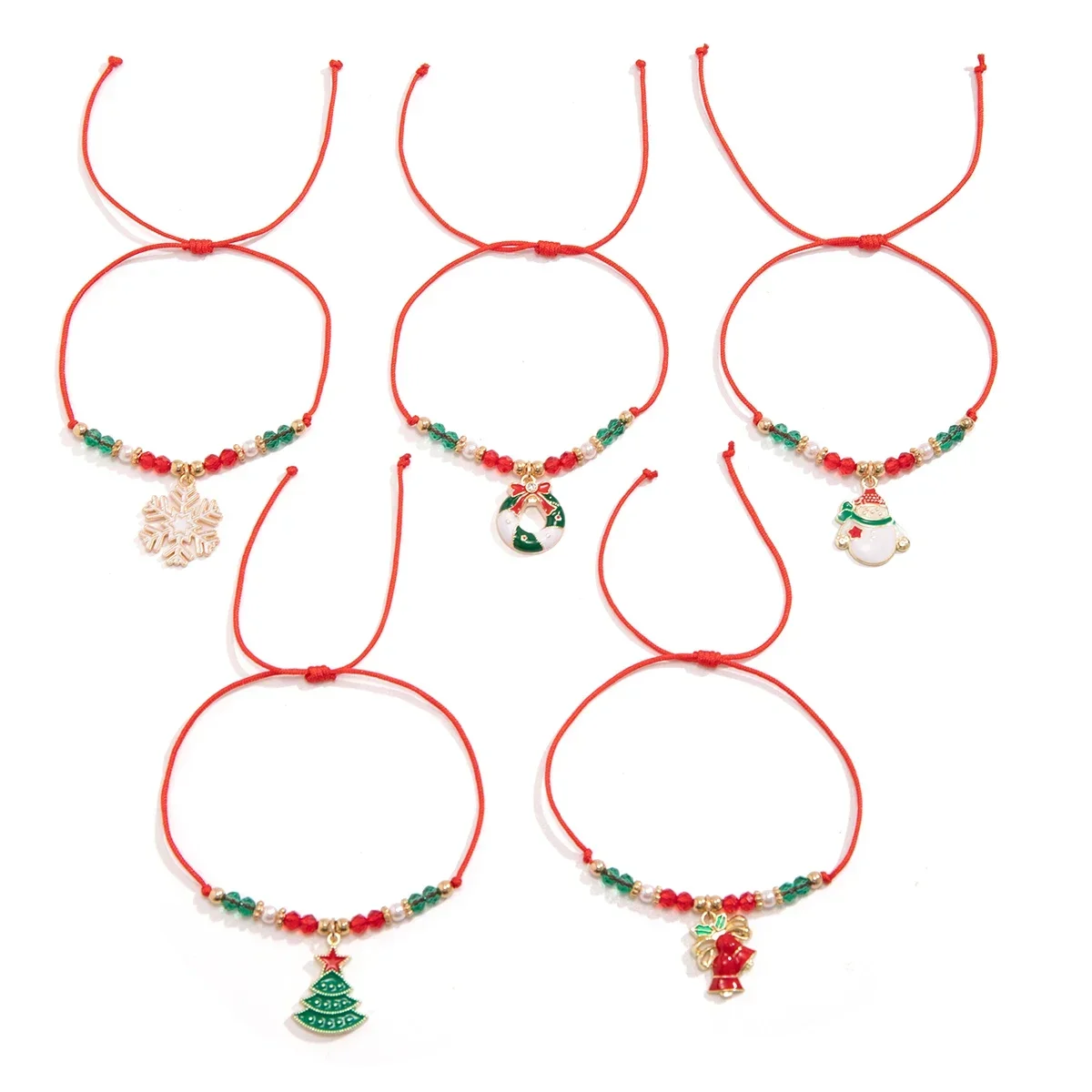 5pcs/set Cute Christmas Series Snowflake Tree Pendant Crystal Bracelet Women CCB Beads Adjustable Thread Rope Christmas Bracelet