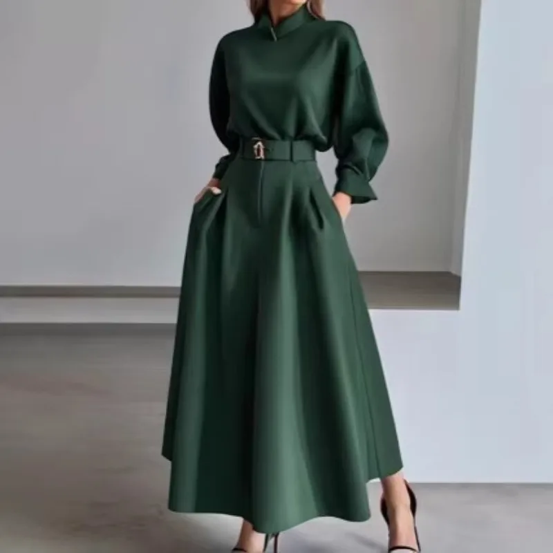 Robe unie élégante pour femmes, manches longues, col mi-haut, poches, ligne a, robe Maxi de soirée pour invités de mariage avec ceinture