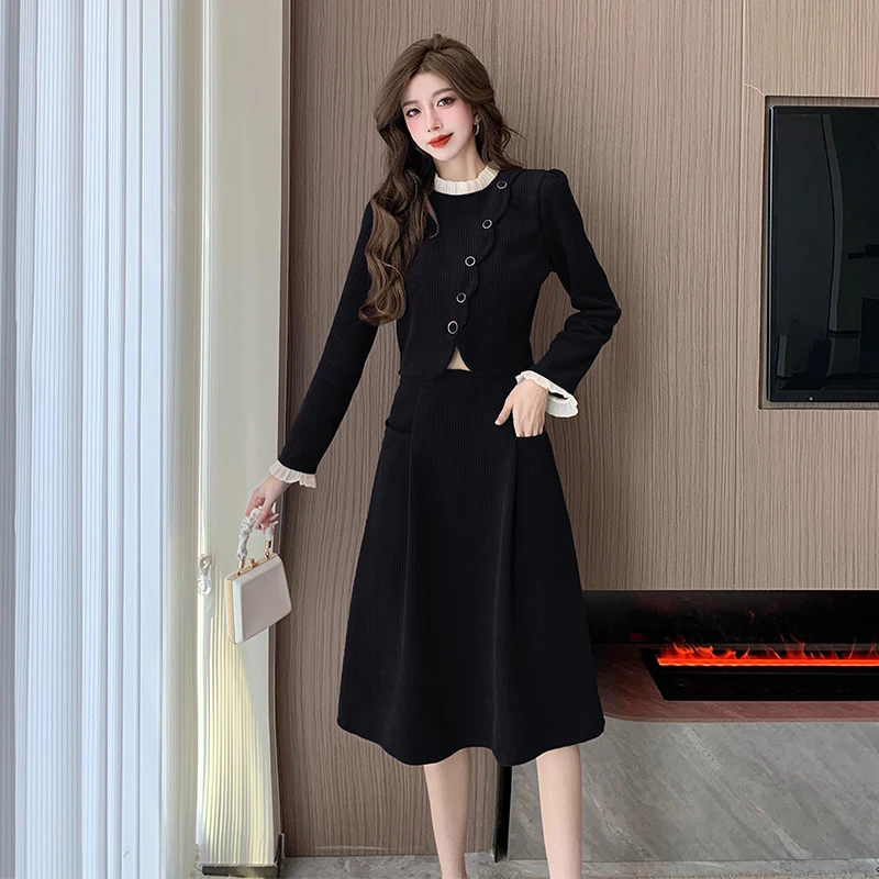 Fashion Autumn Long Sleeve Corduroy Two Piece Set For Women O Neck Chic Single Breasted Slim Short Coat + A Line Midi Skirt Suit