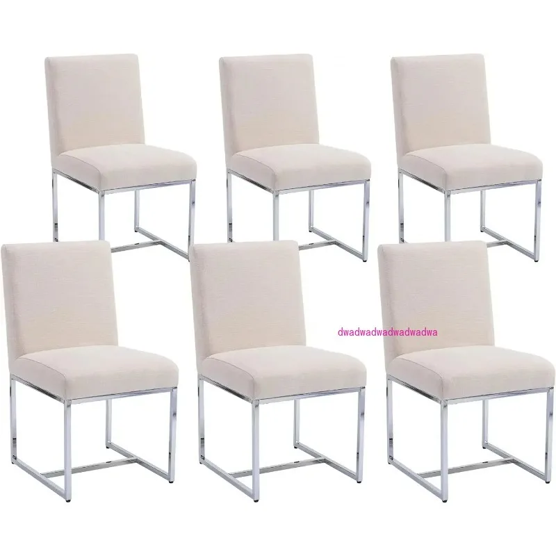 

Linen Upholstered Dining Chairs Set of 6 Mid Century Modern Padded Chair with Chrome Metal Frame for Restaurant