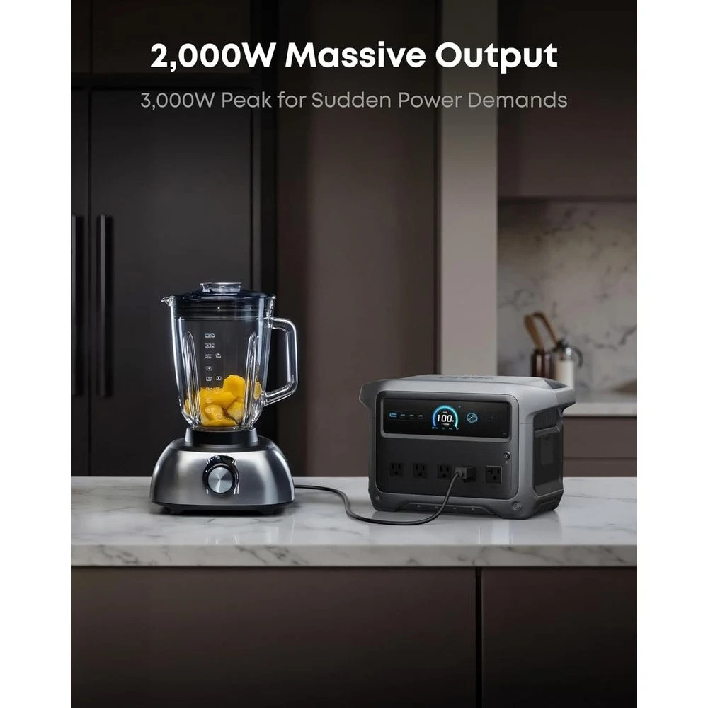 محطة طاقة محمولة C1000 Gen 2 مع لوحة شمسية ثنائية الوجه بقدرة 200 وات، ومولد طاقة شمسية بقدرة 2,000 وات (الذروة 3000 وات)، وشحن كامل