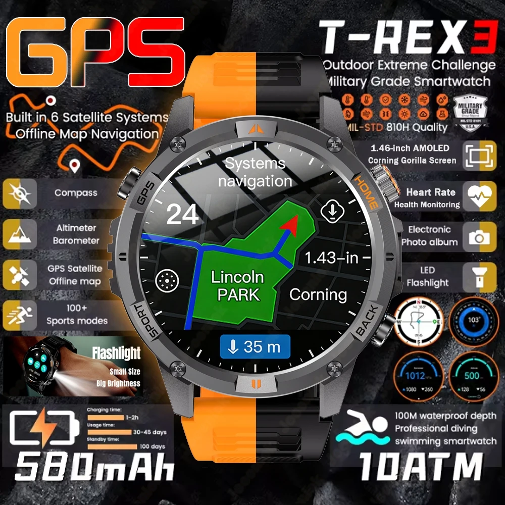 

2026Новые военные прочные встроенные GPS умные спортивные часы мужские компас 3ATM водонепроницаемый трекер светодиодные фонари Bluetooth Call Smartwatch