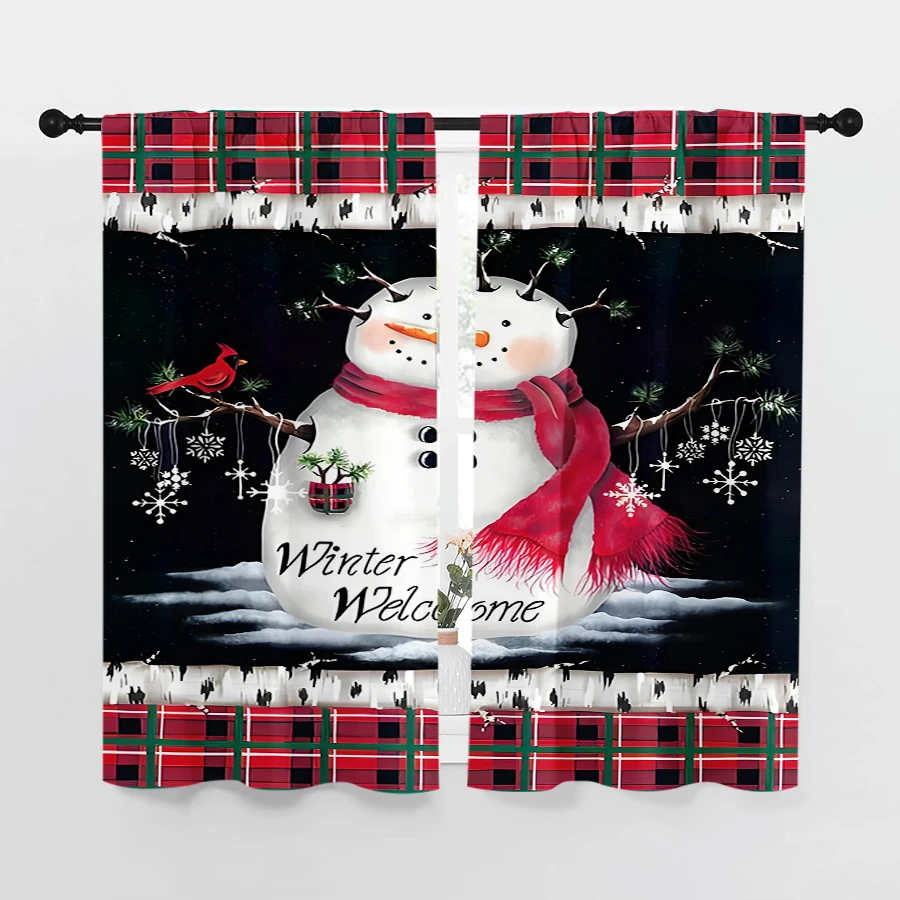 2PCS Christmas Winter Curtains, Snowman Plaid, Digital Print, Bedroom Living Room Kitchen, Rod Pocket Polyester, Home Decor