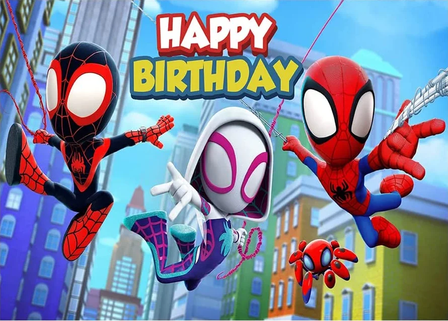 Spidey และ Amazing เพื่อนฉากหลังการ์ตูน Superhero Spiderman การถ่ายภาพฉากหลังสำหรับเด็กเล็กเด็กผู้หญิงวันเกิด Party