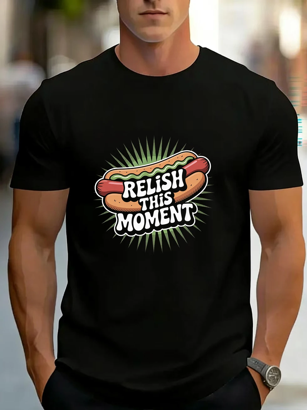 Camiseta de Manga Corta para Hombre con Estampado de Hot Dog y Texto "Relish This Moment" en Estilo de Dibujos Animados, Mismo Estilo para Hombre y Mujer, Algodón Puro