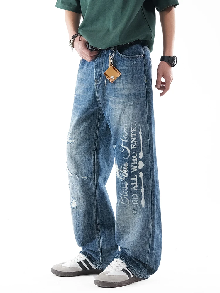

KSTUN 2026 Men's Motocycle Style Ripped Wide Leg Jeans Light Blue Patchwork Distressed Loose Print Denim Trousers No Accessories