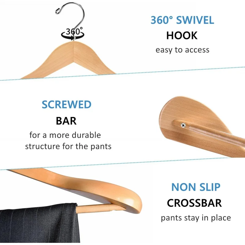 6 شماعات معطف بدلة خشبية بأكتاف واسعة مع شريط سراويل غير قابل للانزلاق، شماعات ملابس من الخشب الصلب بلمسة نهائية ناعمة للعرق