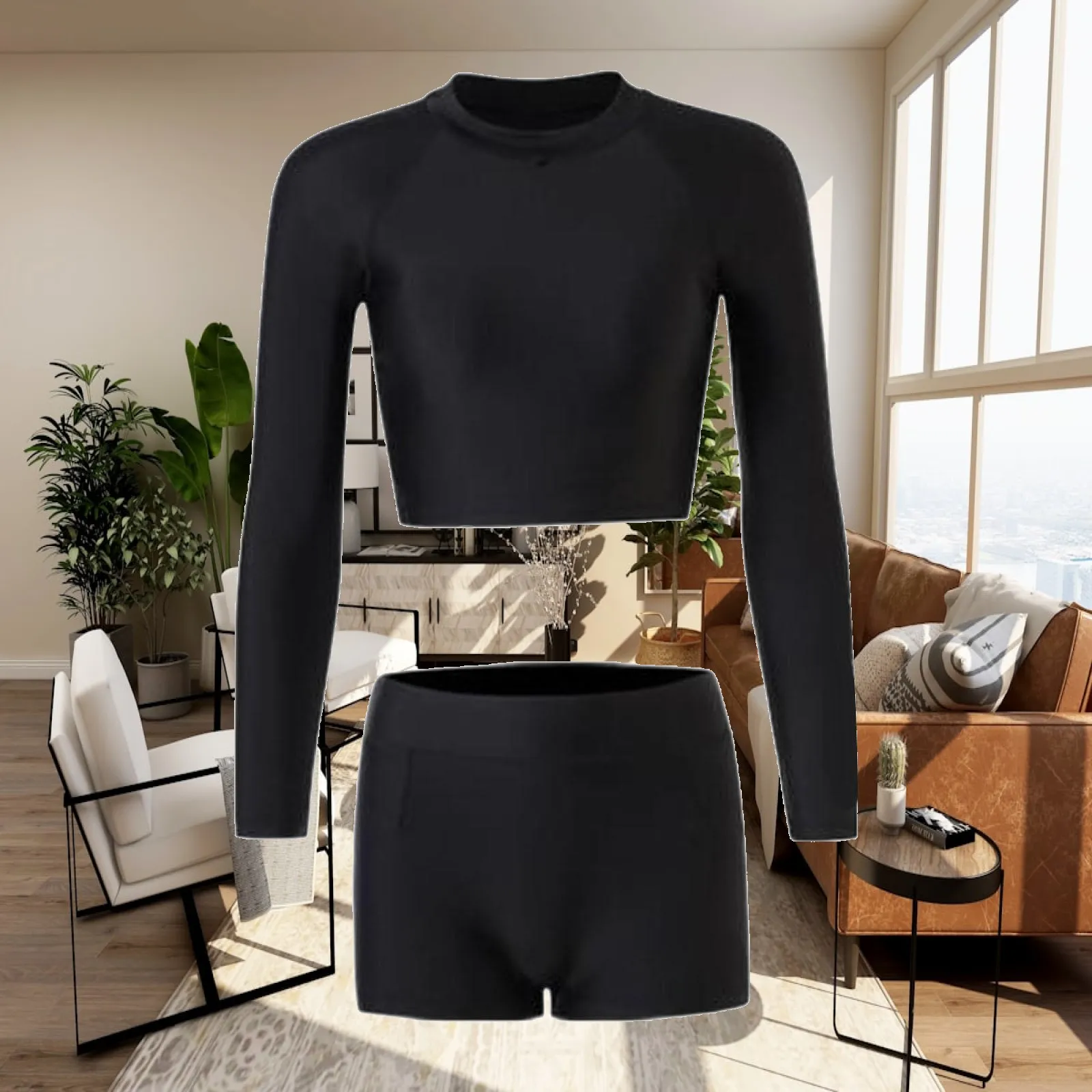 Women Long Sleeve Swimsuit Two Piece Set with Swim Shorts for Beach Pool Vacation Modest Bathing Suit Black Comfortable Summer
