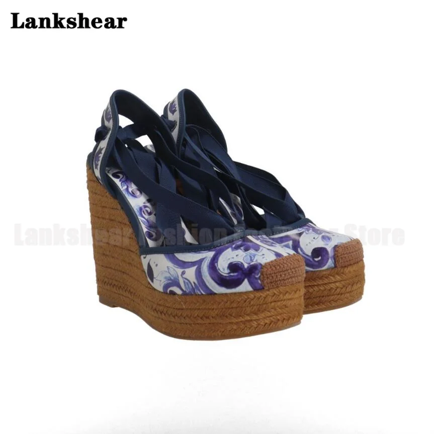 

Blue and White Porcelain Spray-Painted Graffiti Wedge Sandals Women's High-Heeled Shoes Round Ankle Strap Espadrille Casual Shoe