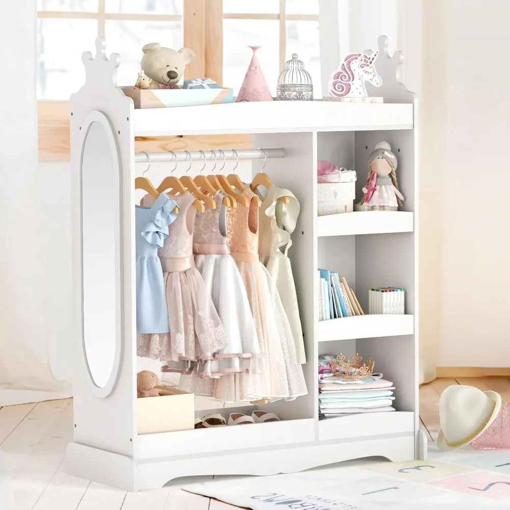 Children's makeup storage cabinet with mirror, children's wardrobe with 3 hooks, boys and girls' wardrobe, white