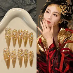 10pcs Glossy Gold Long Stiletto Prerss On Nail Handmade Luxury Full Flash Diamond Decor False Nails Retro Court Fake Nail Tips