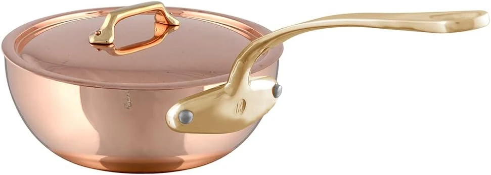 Stainless Steel Splayed Curved Saute Pan With Lid, And Brass Handles, 2.1-qt, Made in France