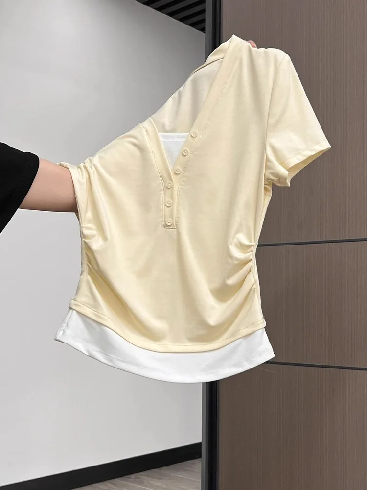 Schickes weißes V-ne ort Sve T-Shirt für Damen, Sommer, geraffte Taille, schmale Passform, koreanisches Sle-Pendler-Wind, faionable Top