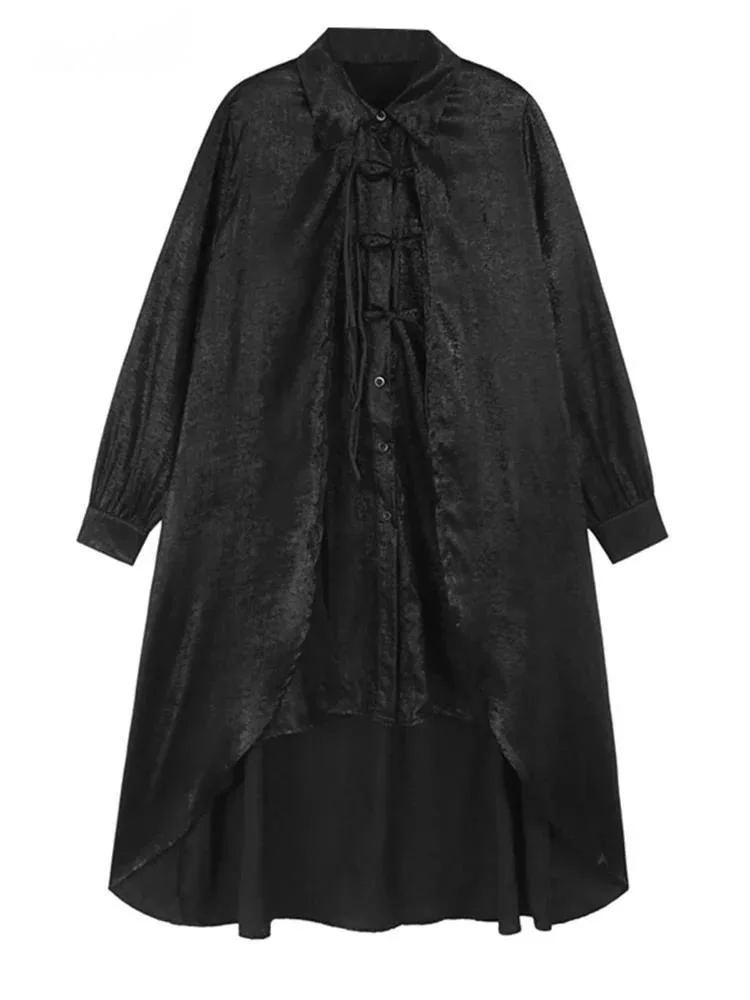 Women Black Buckle Vintage Irregular Big Size Midi Shirt Dress New Lapel Long Sleeve Fashion Spring Autumn