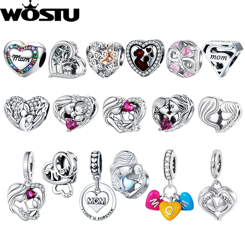 WOSTU Pingente de coração de cobre para o dia das mães, pingente de amor para mamãe, banhado a ouro branco, adequado para pulseira original, joias da moda para mulheres, presente