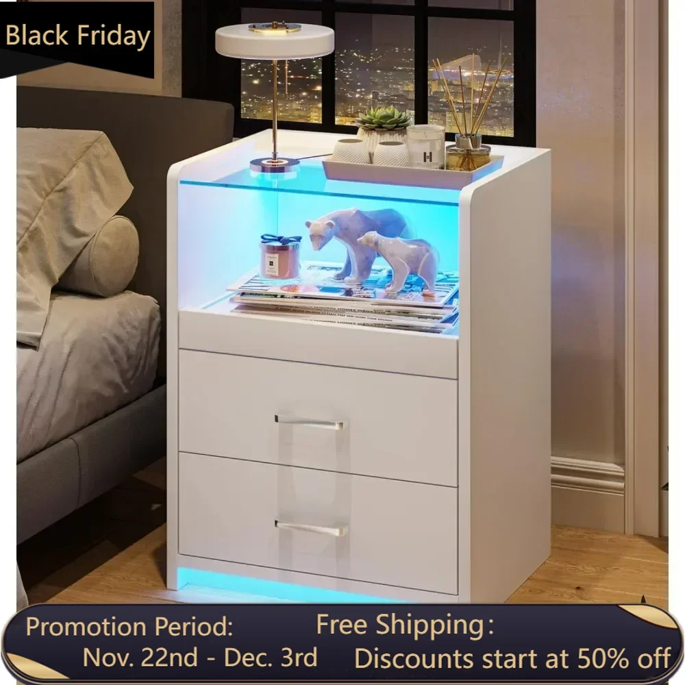 Nightstand Set of 2, 2 Drawers LED with Tempered Glass Tabletop Pull-Out Tray Open Storage Bedside Tables, Nightstand