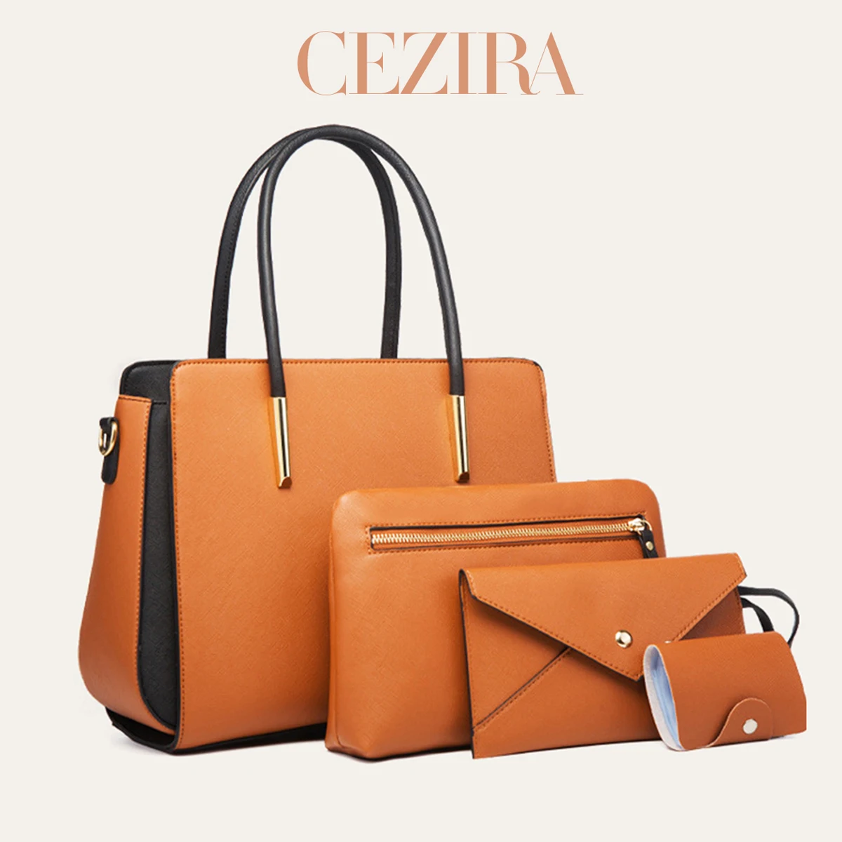CEZIRA Women Classic Design Color Patchwork PU Vegan Leather 4PCS Bag Set Shoulder Tote Crossbody Flap Bag With Cardholder Trave