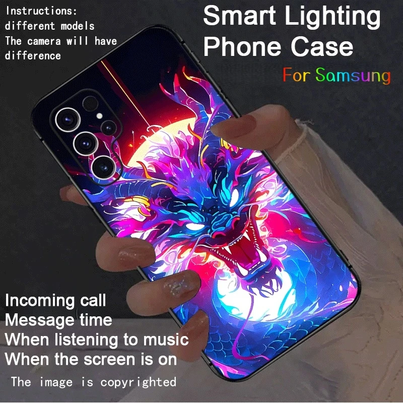 

Flying Dragon LED Glass Phone Bumper Capa For Samsung S24 S23 S22 Plus FE S25 S26 Ultra A55 A15 A17 Light Flash Phone Back Cover