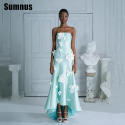 Sumnus A-Line Satin Sweetheart Hand-Made Flowers Long Sleeves Sweep Train Evening Dress Party Dress Vestidos Para Customized