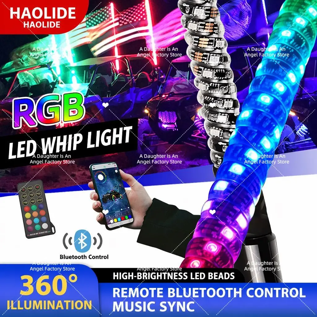 3ft 4ft 5ft 6ft RGB LED Whip Lights for UTV ATV RZR, Off-Road APP Remote Control, Waterproof Flexible Antenna Whip