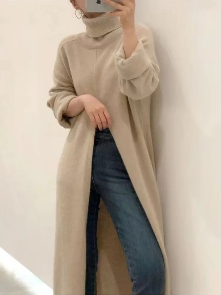 Knitted Autumn Pullover Turtleneck Long Sweater Dress Women Split Korean Loose Ladies Casual Modis Woman Sweaters Dresses 2023