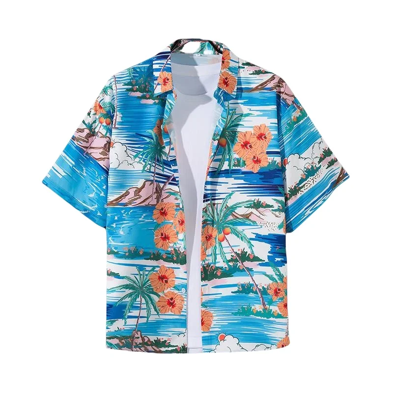 

Summer Men's Beach Vacation Travel Short Sleeve Flower Shirt Loose Casual Handsome Hawaiian Retro Beach Floral Shirt Jacket