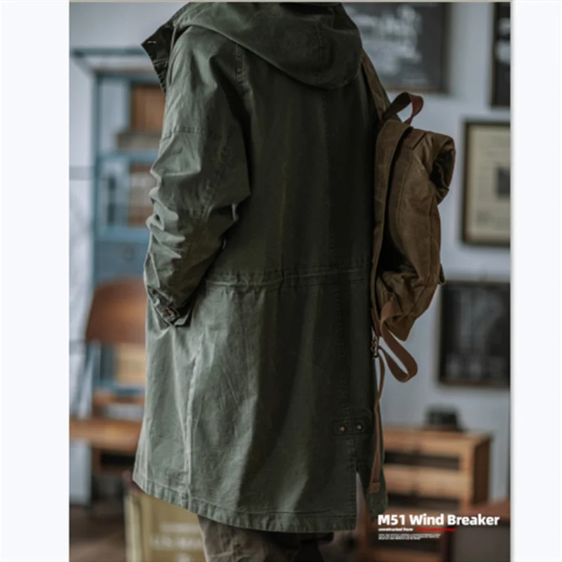 Retro M51 Army Green Windbreaker Fishtail Parker Hooded Jacket AMEKAJI Long Coat Outdoor Trekking Training Military Camp Clothes