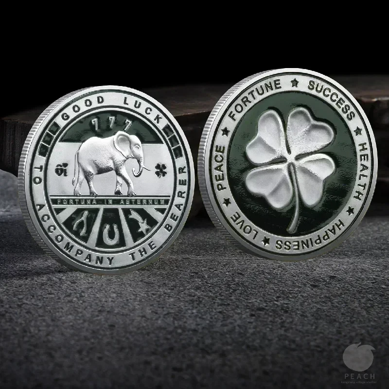 Lucky Commemorative Coin – Double Sided Four Leaf Clover & Elephant, Perfect Gift for Wealth, Health & Success