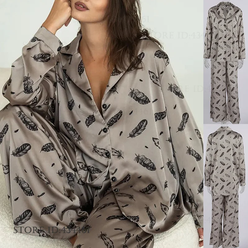 

Fashion Long Sleeve Pajamas Set Loungewear Print Feather Silk Satin Womens Sleepwear Trouser Pijamas Suit Loose Homewear Pyjama