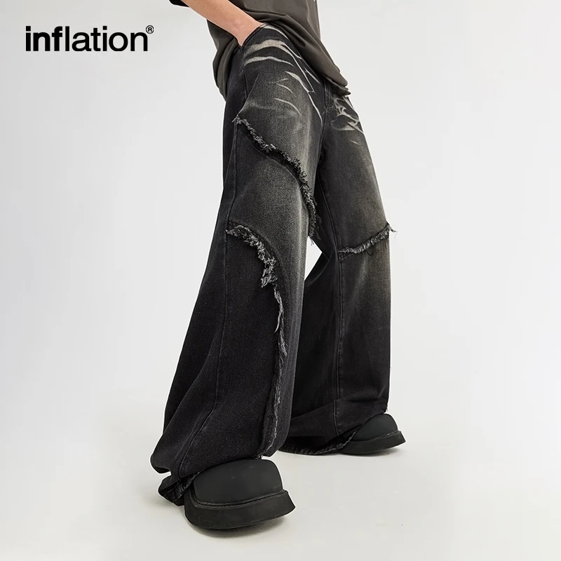 INFLATION Distressed Patchwork Fringe Jeans Men Designer Straight Leg Denim Trousers