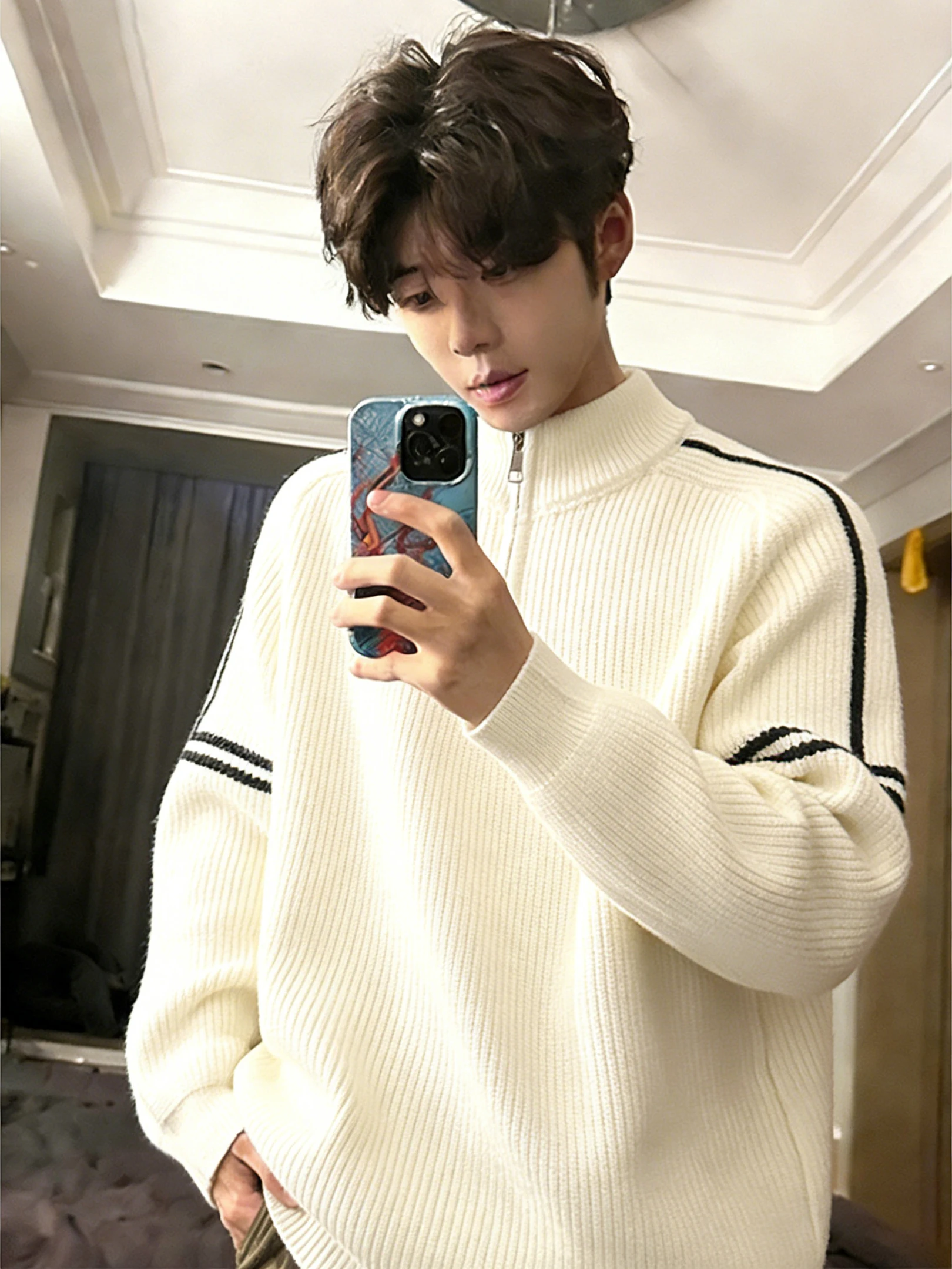 

Белый вязаный свитер с воротником-стойкой на молнии для мужчин, повседневный, с длинным рукавом, удобный, для весны и осени