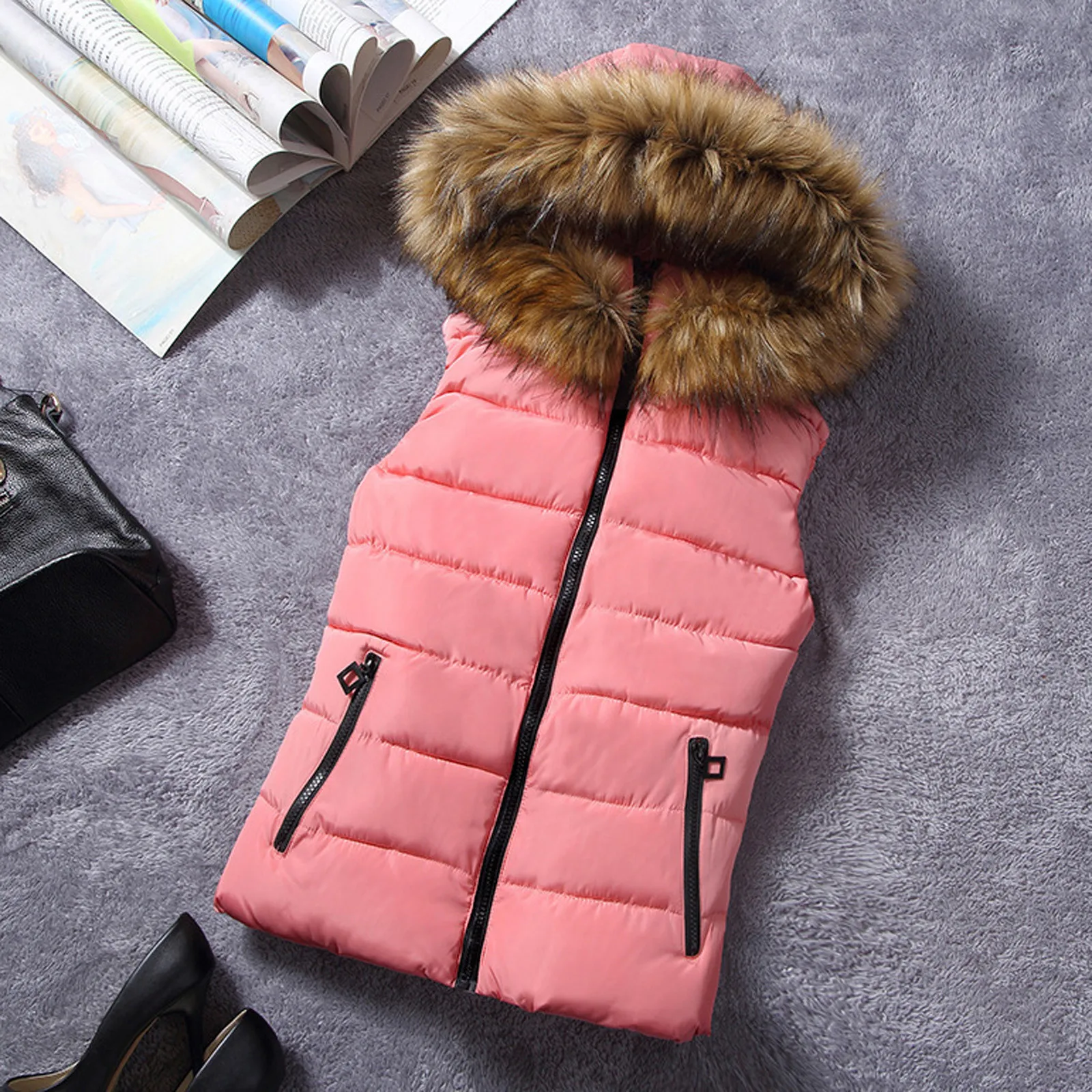 Winter Women Sleeveless Quilted Coats with Fur Hood Zipper Waistcoats Outwear Warm Casaco Feminino Inverno Down Jackets cotton