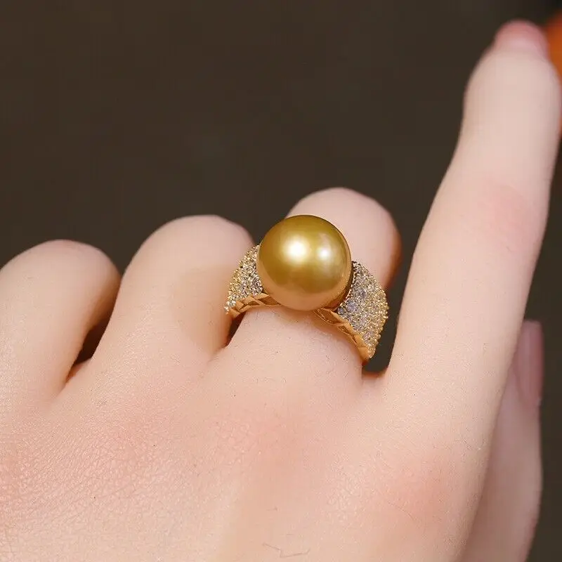 Huge AAAAA 11-12mm Genuine Natural South Sea Golden Round Pearl Ring