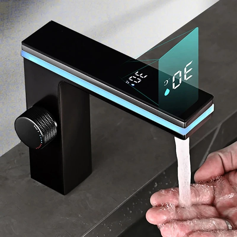 

Digital Display Bathroom Basin Faucet Intelligent LED Brass Deck Mounted Washbasin Crane Hot Cold Water Mixer Sink Vanity Tap