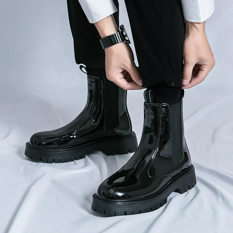 

men's fashion chelsea boots black trend patent leather shoes stage nightclub platform motorcycle boot high chimney botas zapatos
