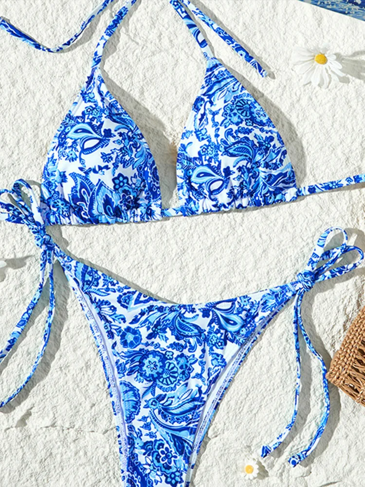 2026 Women Bikini Swimsuit Separate Beach Wear Adjust Lace Up Swimsuit Porcelain Printing Halter String Triangle Two Piece