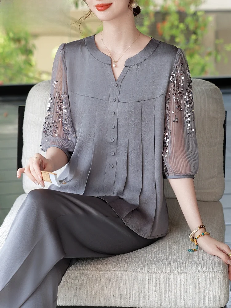 

Young Mom Casual Loose Sle Autumn Faion Set 2025 New Summer Seven Sve Chiffon Women's Top Quali Polyester Fiber