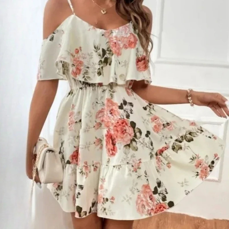 Women Bohemian Suspender Mini Dress Floral Printed Double Flounce Romantic Vacation Dress Off Shoulder Beachwear Skirt