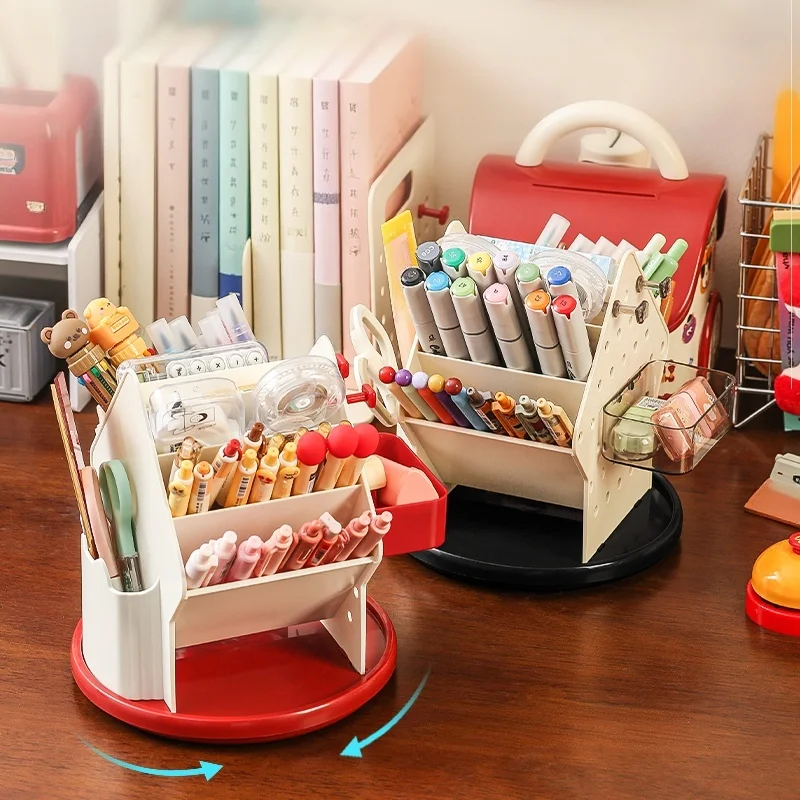 Hole-board rotating multi-functional storage box - Large capacity pen holder for students - Desktop cosmetic storage rack