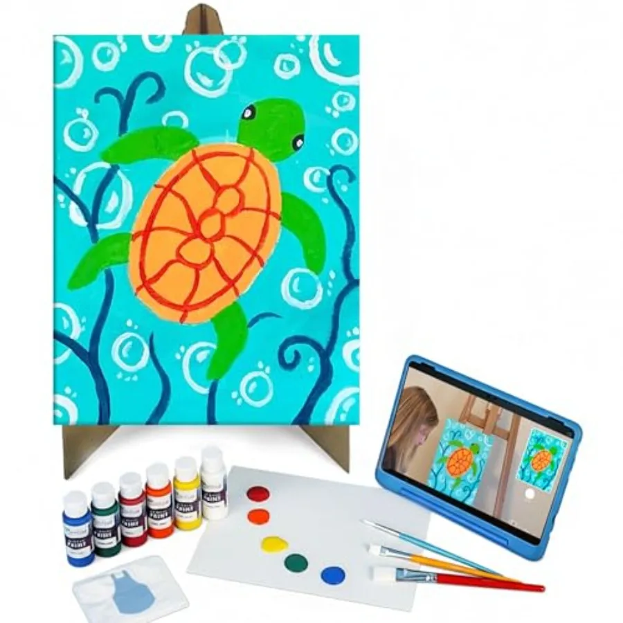 

- Swimming Sea Turtle Junior Artist Painting Kit Ages 6+ 11x14 Canvas, 3 Paint Brushes, Acrylic Paint, Cardboard Easel, Palette