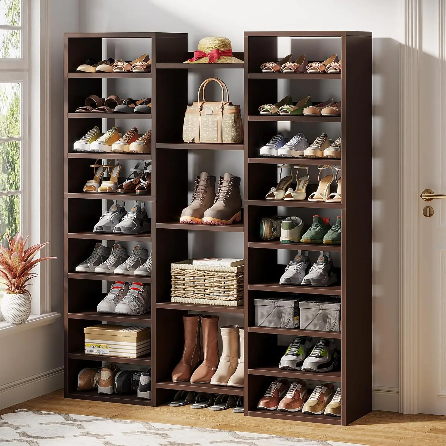 

14-Tier Wooden Shoe Rack, Freestanding Tall Shoe Shelf, Shoe Storage Cabinet with 22 Open Cubbies, 46 Pairs Wide Entr